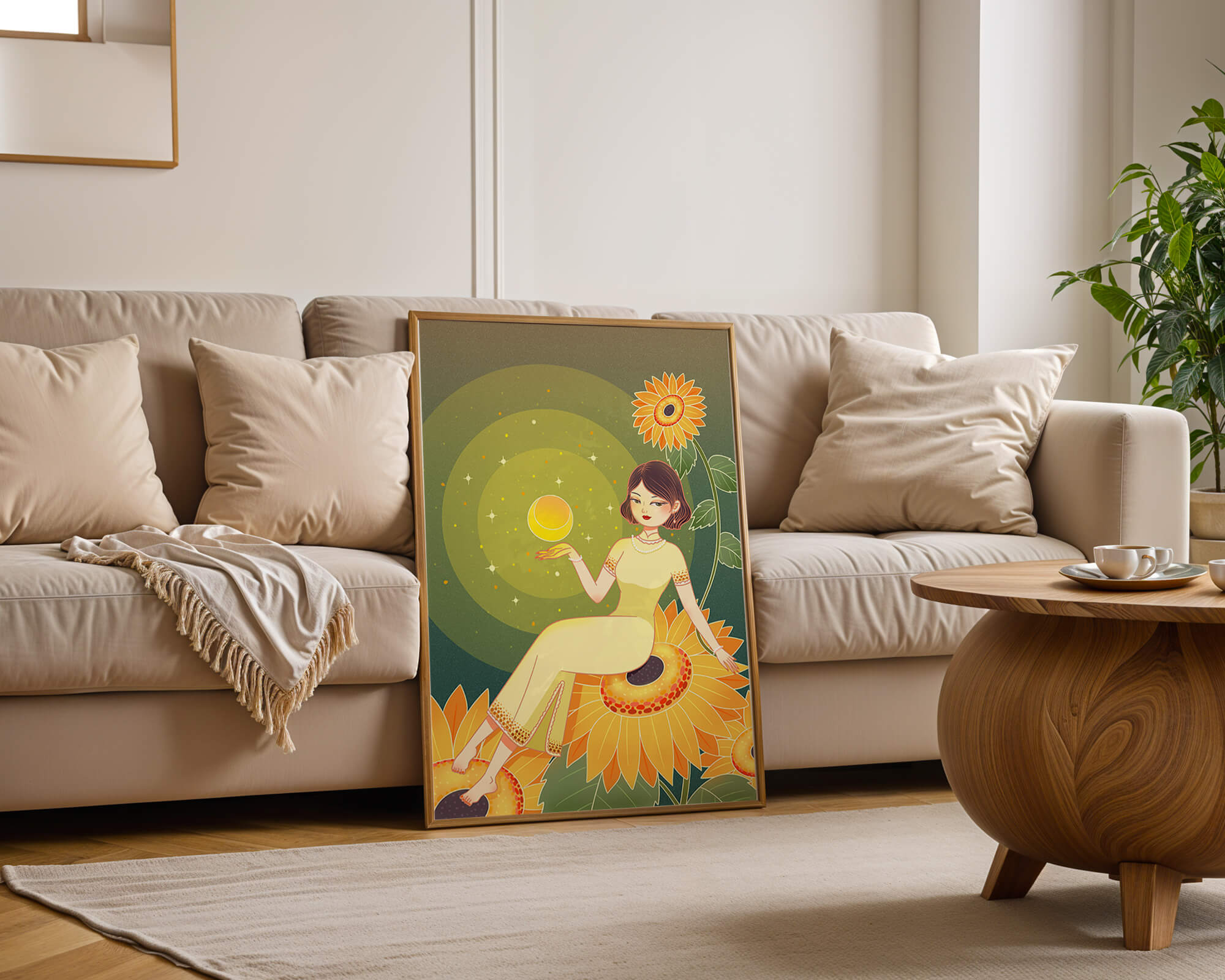 Elegant illustration of a woman on sunflowers with glowing orb