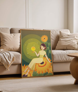 Elegant illustration of a woman on sunflowers with glowing orb