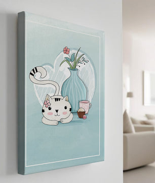 Cute Cat with Flowers, Cup, and Vase on Blue Background - Mi tienda