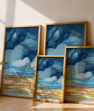 Dynamic Ocean Waves Under Cloudy Sky With Seagulls And Gold-Tinted Sand