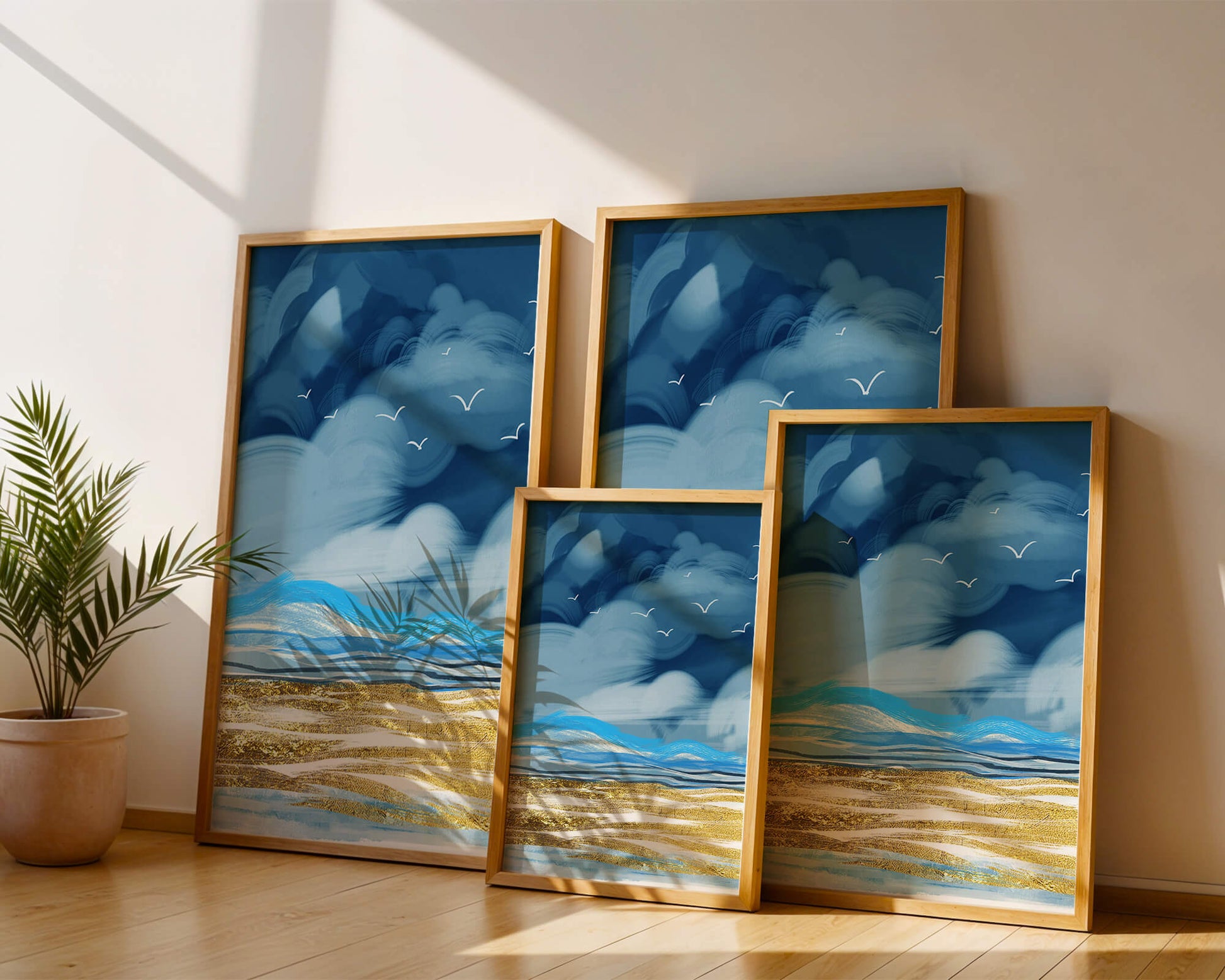 Dynamic Ocean Waves Under Cloudy Sky With Seagulls And Gold-Tinted Sand