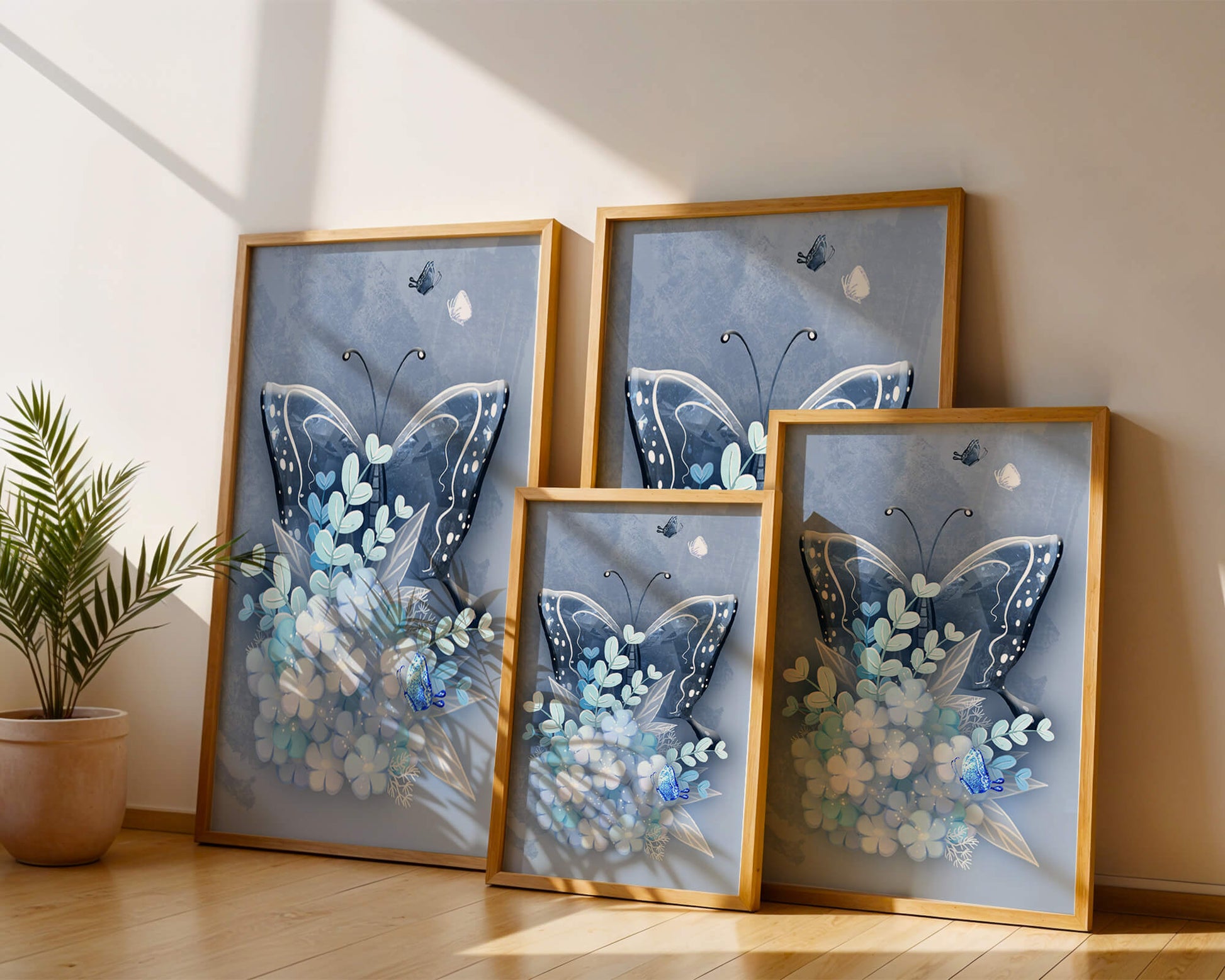Floral and butterfly digital artwork in calming blue shades