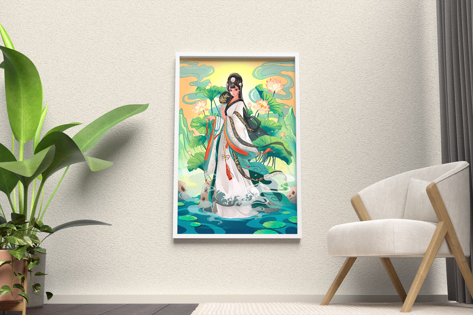Elegant woman in traditional attire with lotus flowers and serene backdrop
