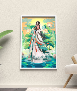 Femme élégante en tenue traditionnelle avec des fleurs de lotus et un décor serein