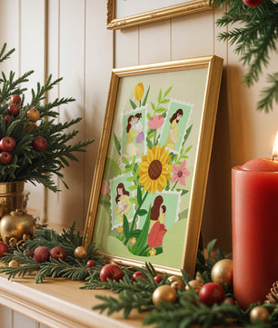 Ilustración de momentos familiares con fondo floral vibrante
