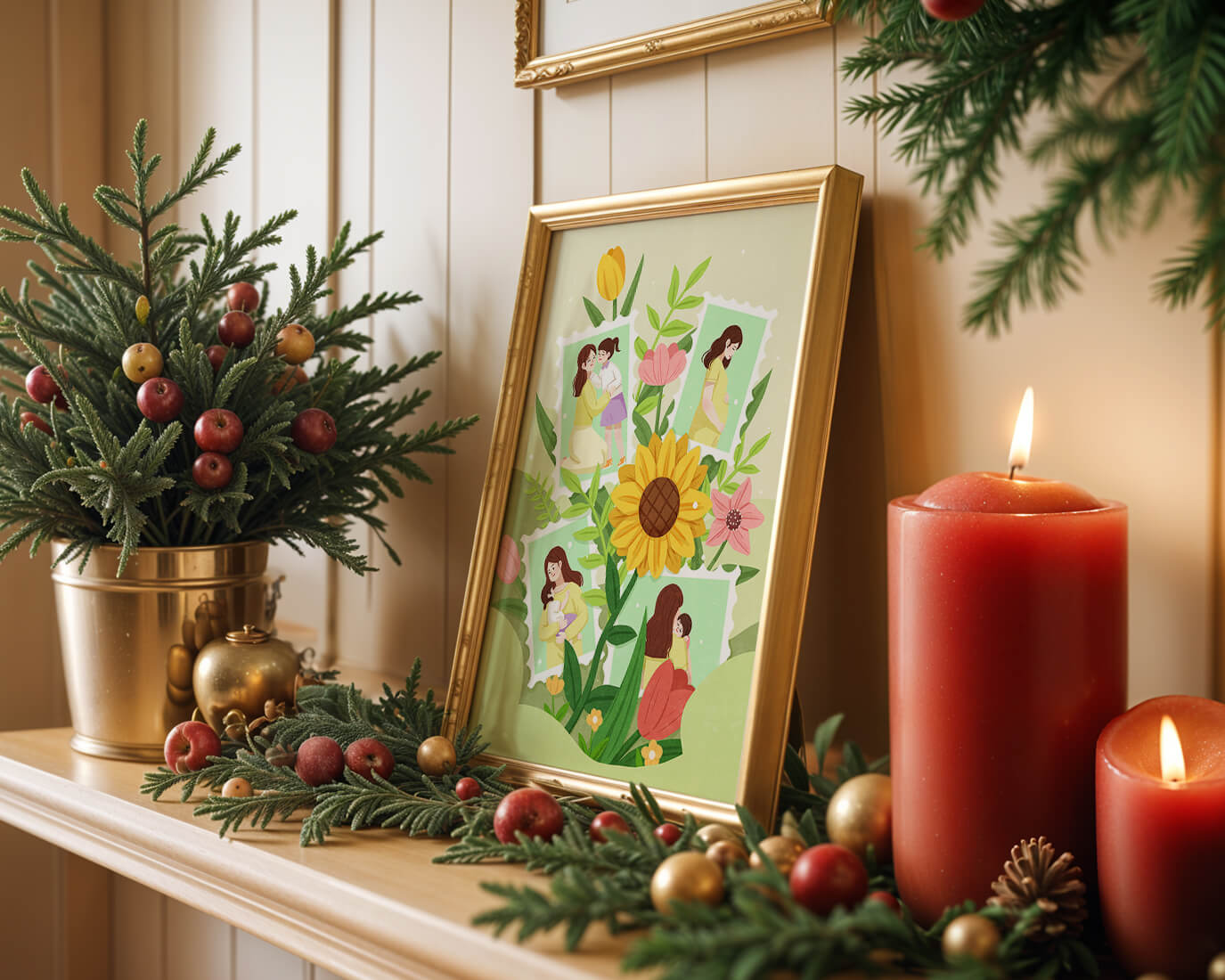 Ilustración de momentos familiares con fondo floral vibrante