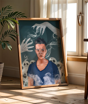 A Person Surrounded by Smoke and Ghostly Hands with Skulls in the Background