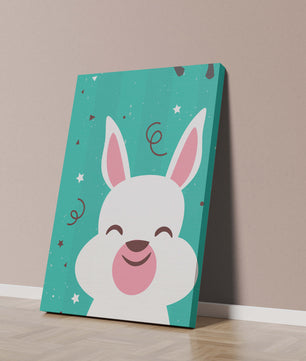 Adorable cartoon bunny on teal background with playful elements