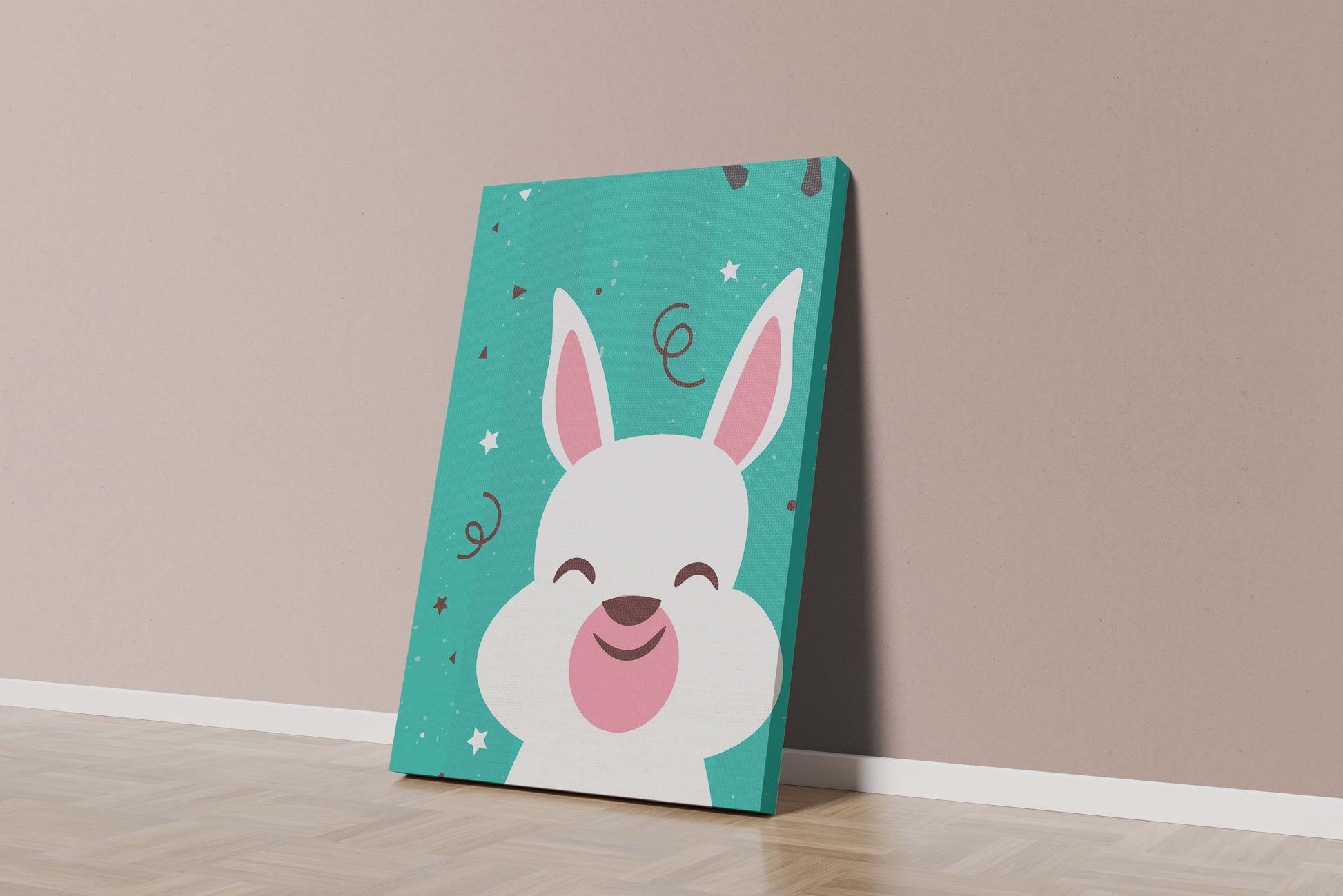 Adorable cartoon bunny on teal background with playful elements