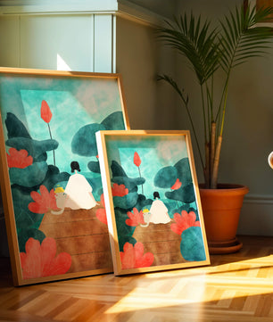 Serene scene with a person and cat among large leaves and flowers