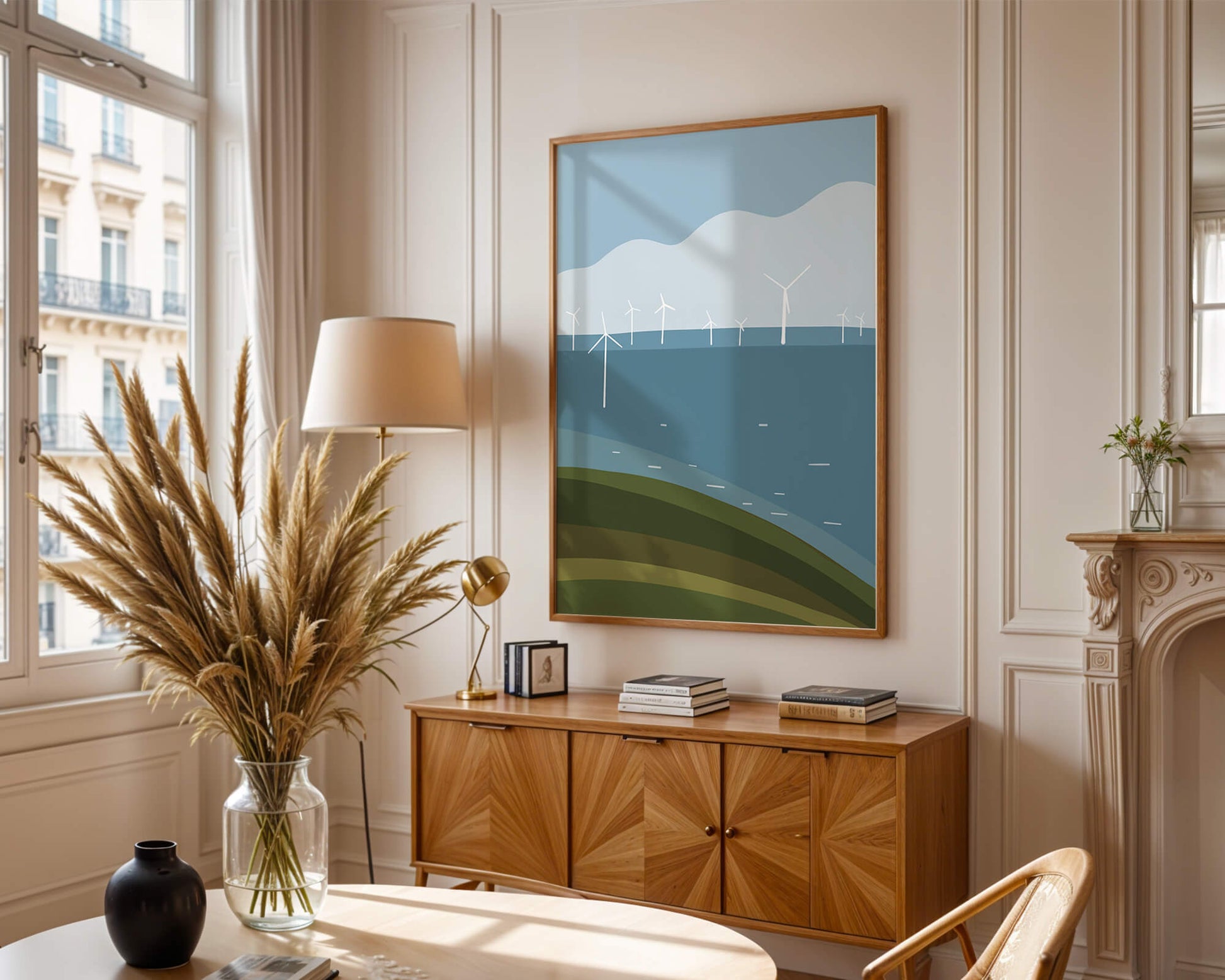 Wind Turbines on Rolling Hills Against a Clear Blue Sky