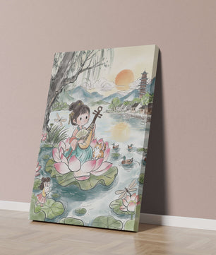 Traditional Asian Scenery with Girl Playing Instrument on Lotus Pond at Sunset