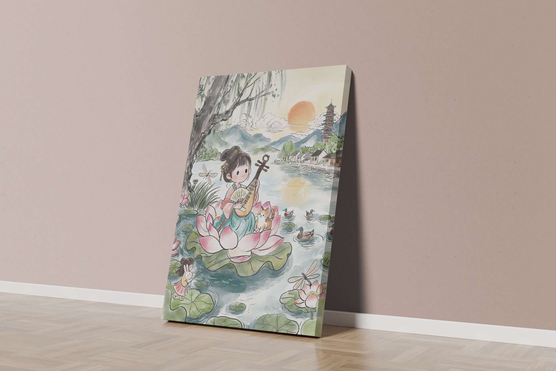 Traditional Asian Scenery with Girl Playing Instrument on Lotus Pond at Sunset