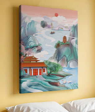 Ruhige Landschaft mit traditioneller asiatischer Architektur und Naturelementen