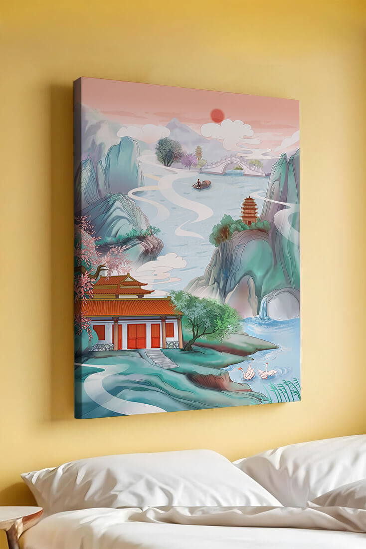 Serene landscape with traditional Asian architecture and nature elements