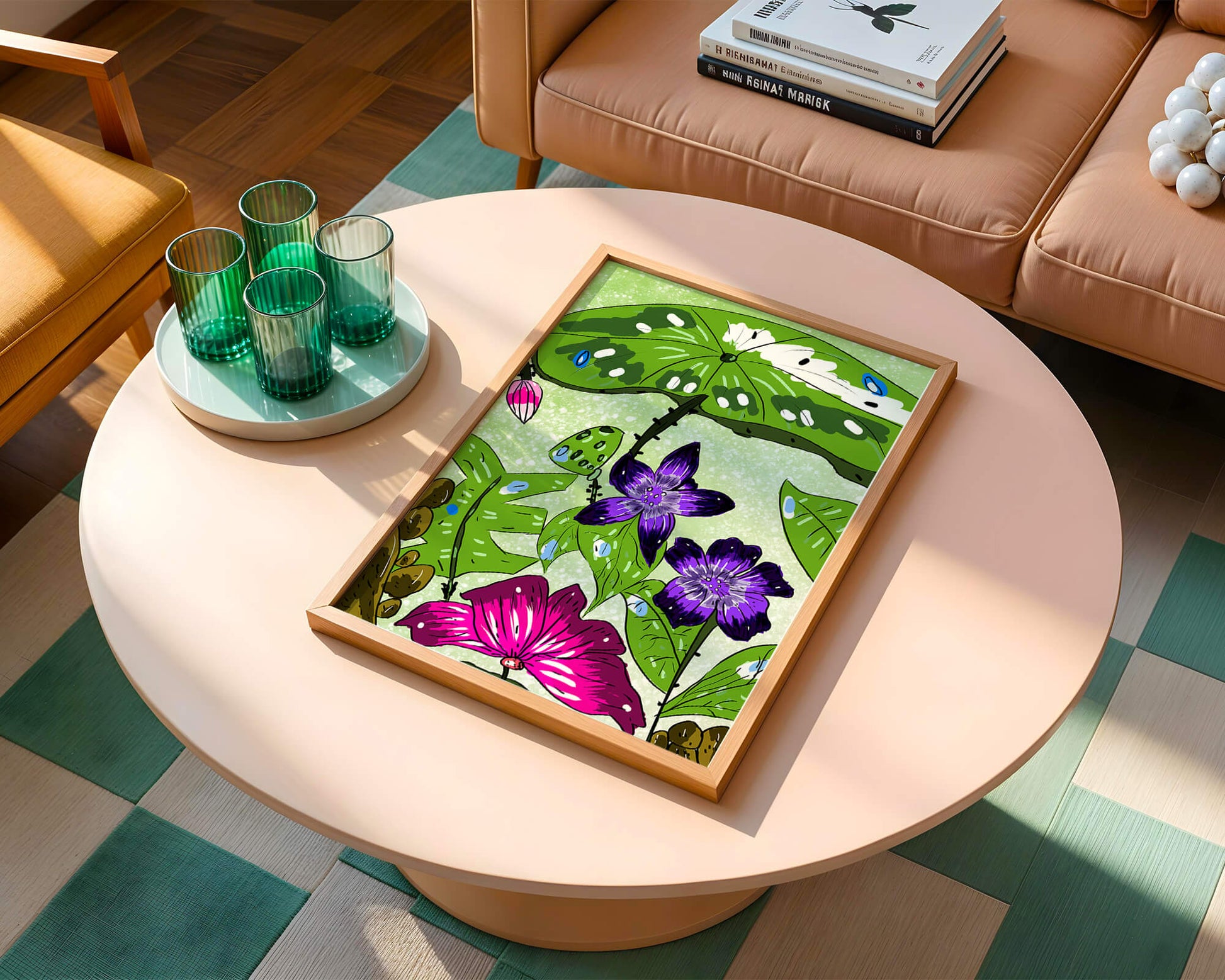 Bunte Blumenillustration mit exotischen Blumen und Blättern