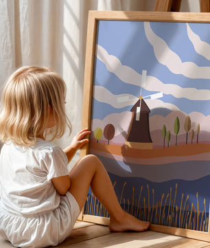 Paysage coloré avec moulin à vent et arbres abstraits