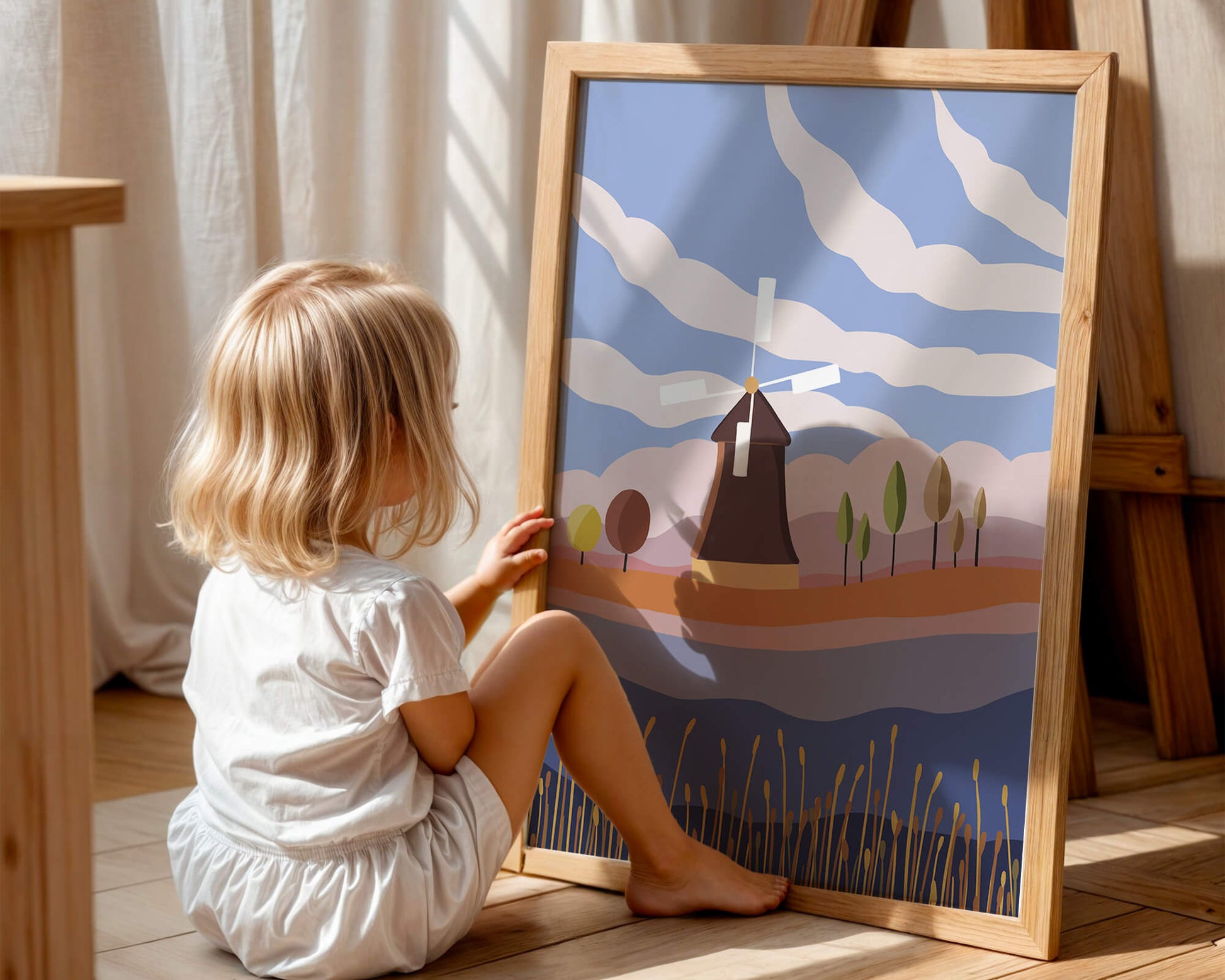 Colorful Landscape Featuring Windmill and Abstract Trees