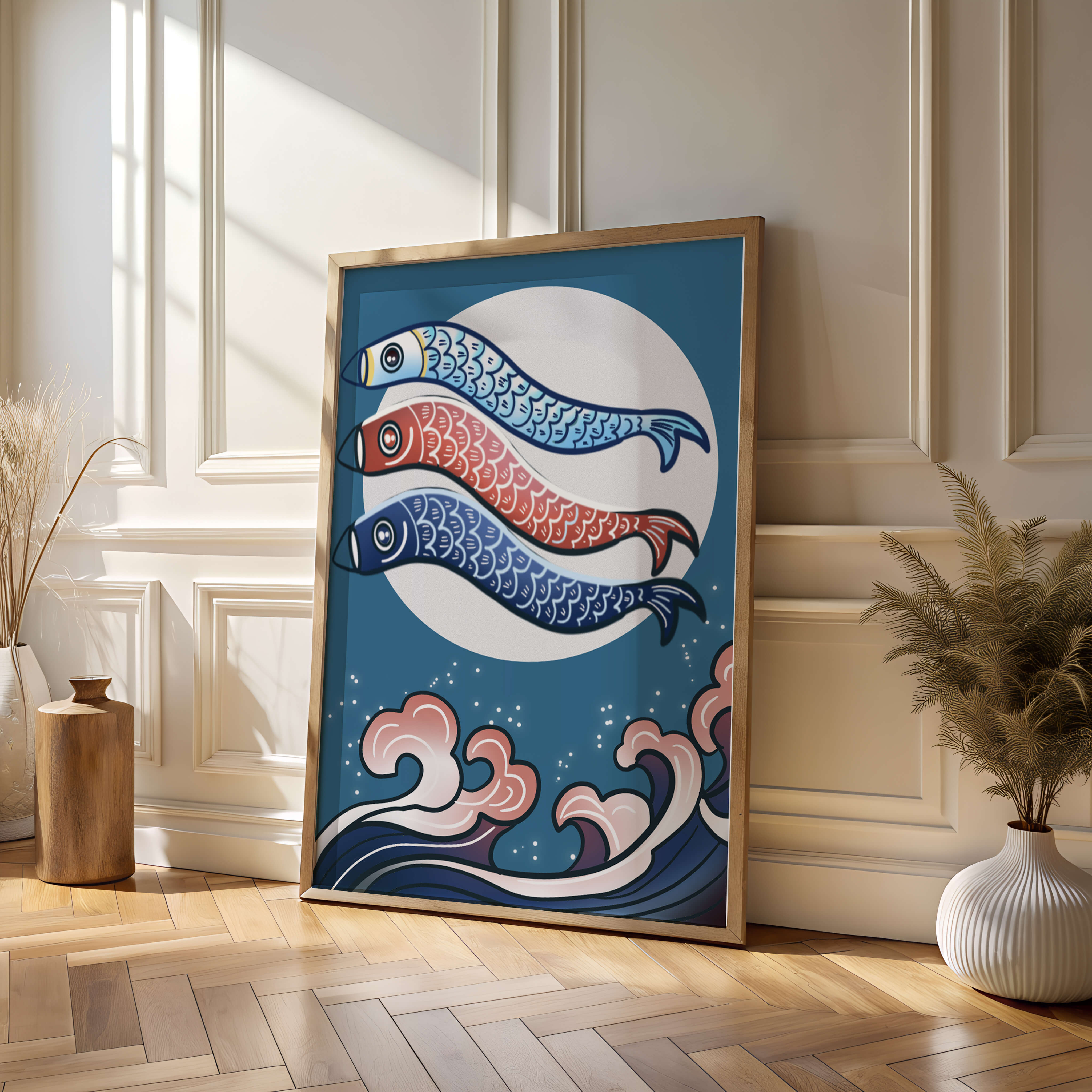 Colorful koi fish kites against a full moon with ocean waves
