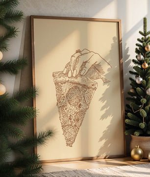Mano sosteniendo una ilustración detallada de una porción de pizza vintage