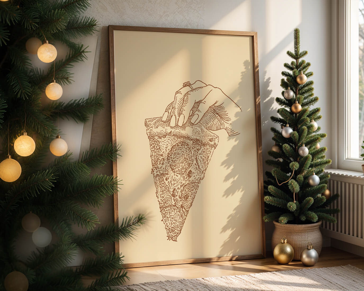 Hand holding a detailed vintage pizza slice illustration