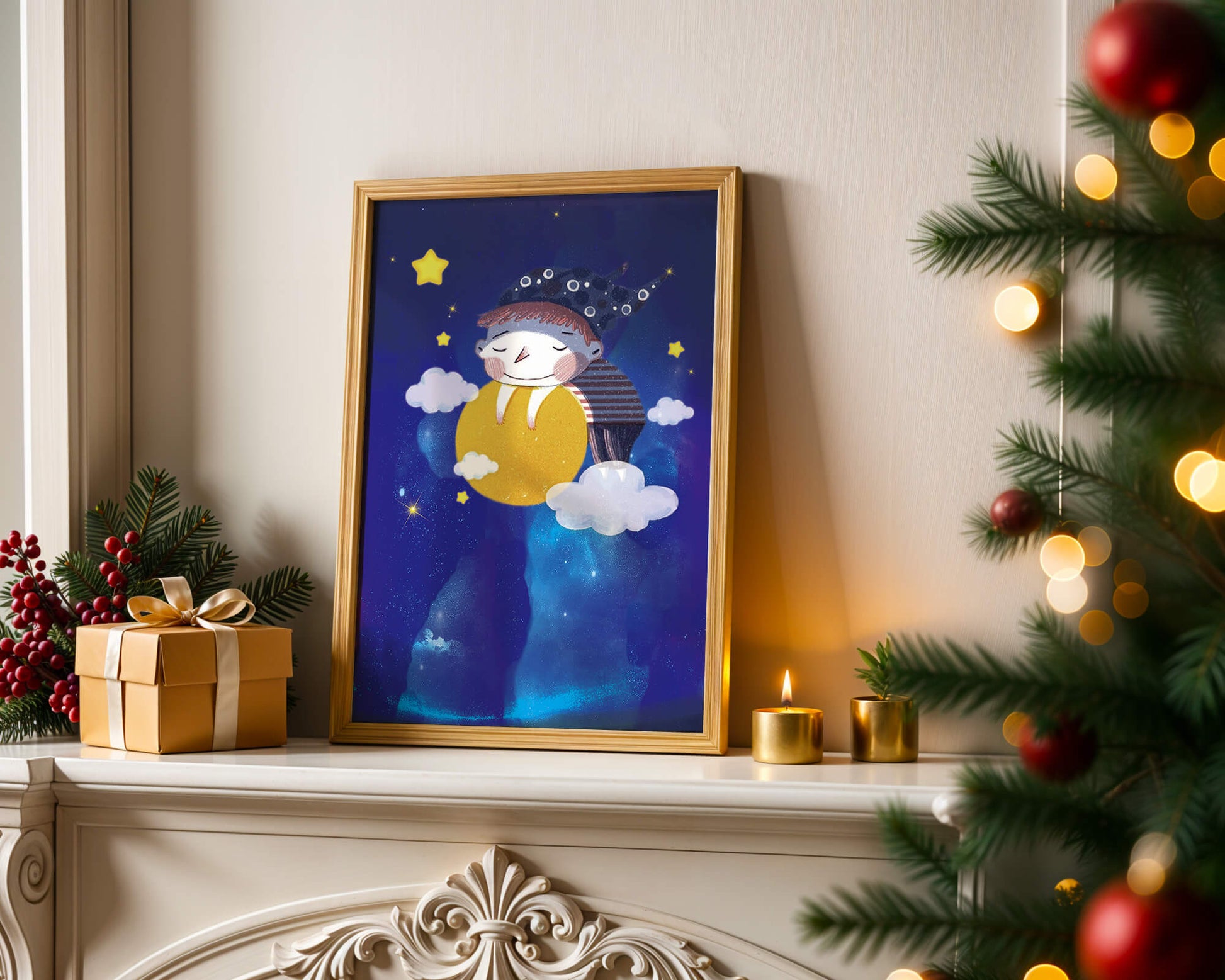 Dreamy Nighttime Scene with a Child Hugging the Moon