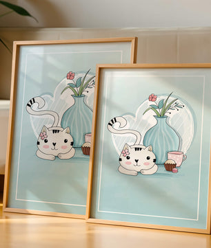 Cute Cat with Flowers, Cup, and Vase on Blue Background - Mi tienda
