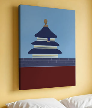 Ilustración abstracta del Templo del Cielo con detalles azules y dorados