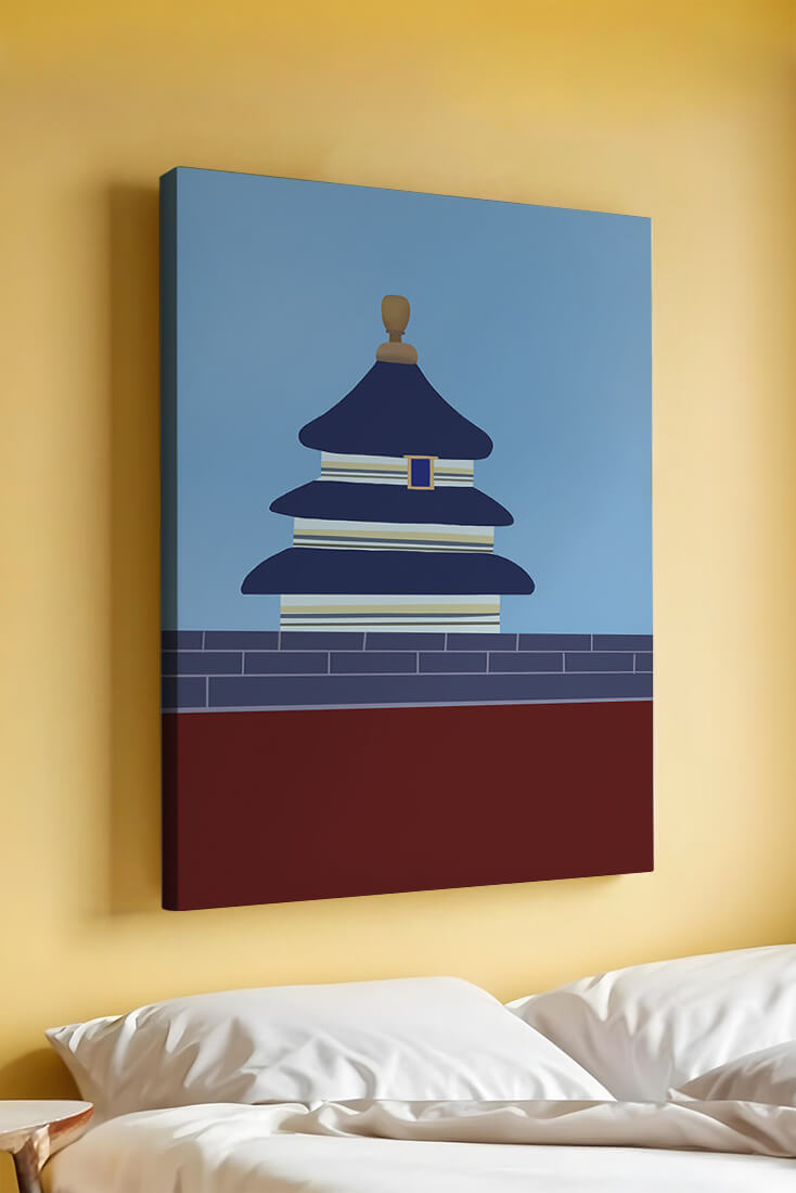 Ilustración abstracta del Templo del Cielo con detalles azules y dorados