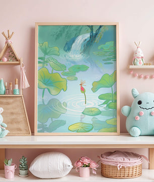 Serene pond scene with lotus leaves and waterfall