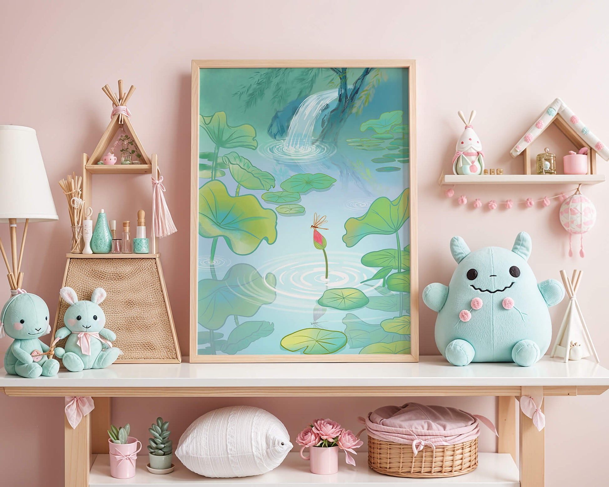Serene pond scene with lotus leaves and waterfall