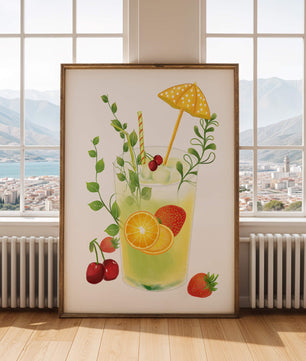 Refreshing summer drink illustration with fruits and greenery