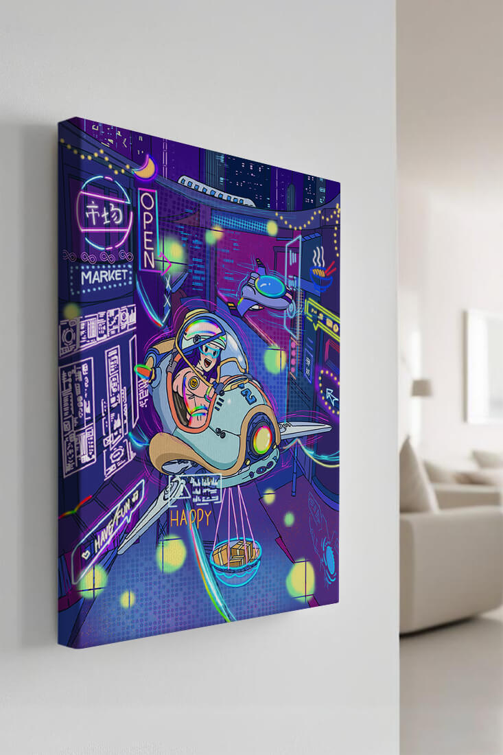 Futuristic cityscape with a flying delivery vehicle and neon signs