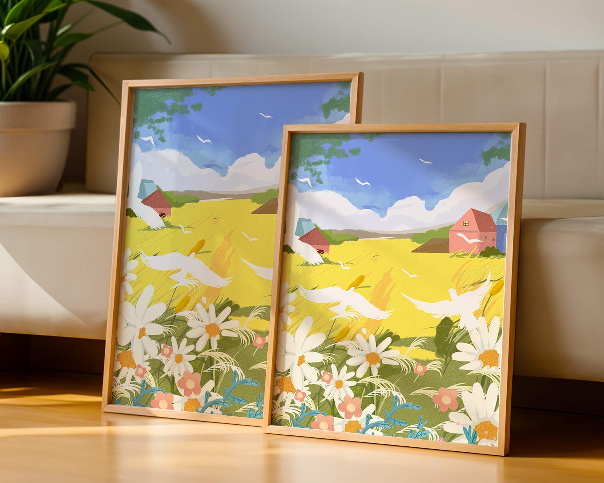 Summer Landscape with Birds and Flowers in a Pastoral Setting