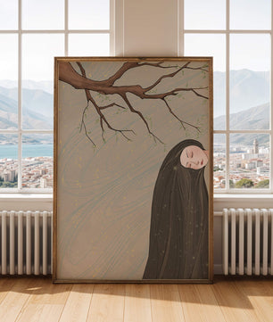 Ilustración serena de una mujer entrelazada con la naturaleza y diseños fluidos