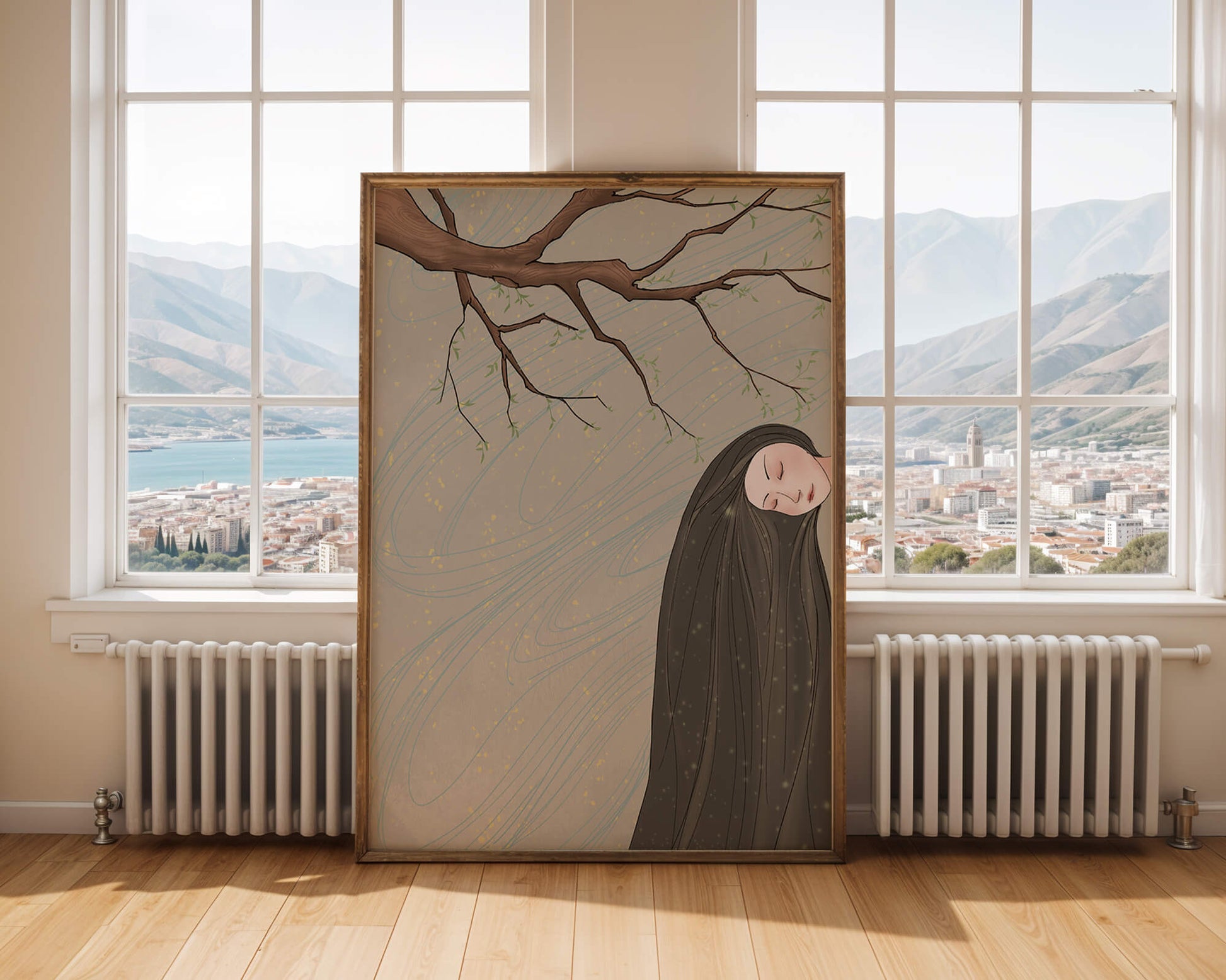 Serene illustration of a woman intertwined with nature and flowing designs