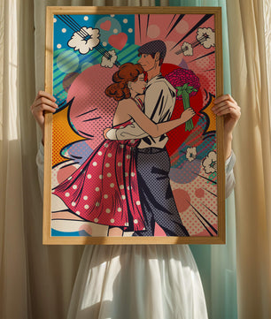 Pareja abrazándose en estilo pop art con un fondo colorido