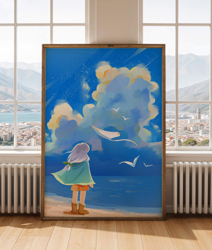 Young person gazing at a vibrant seaside sky with birds flying
