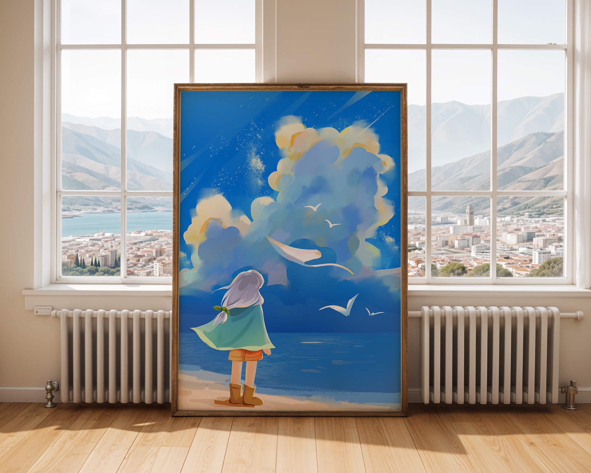 Young person gazing at a vibrant seaside sky with birds flying