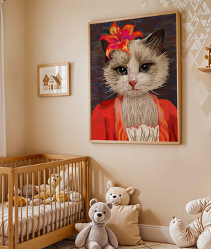 Retrato de gato con acentos de flores vibrantes y atuendo colorido