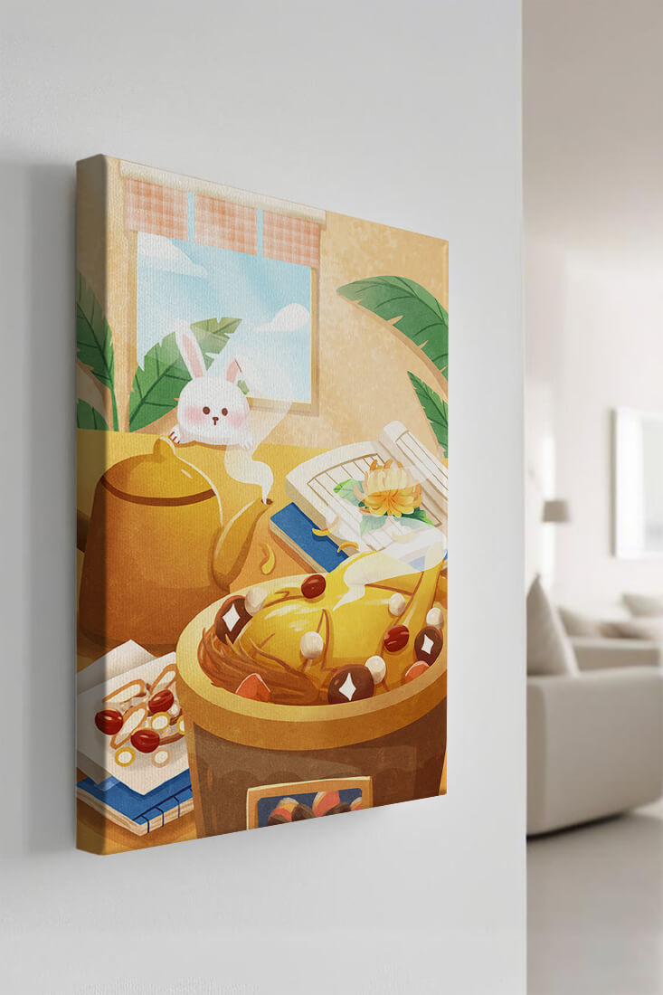 Cozy kitchen scene with cute bunny, teapot, and golden dessert
