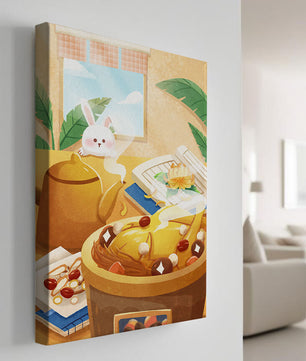 Cozy kitchen scene with cute bunny, teapot, and golden dessert