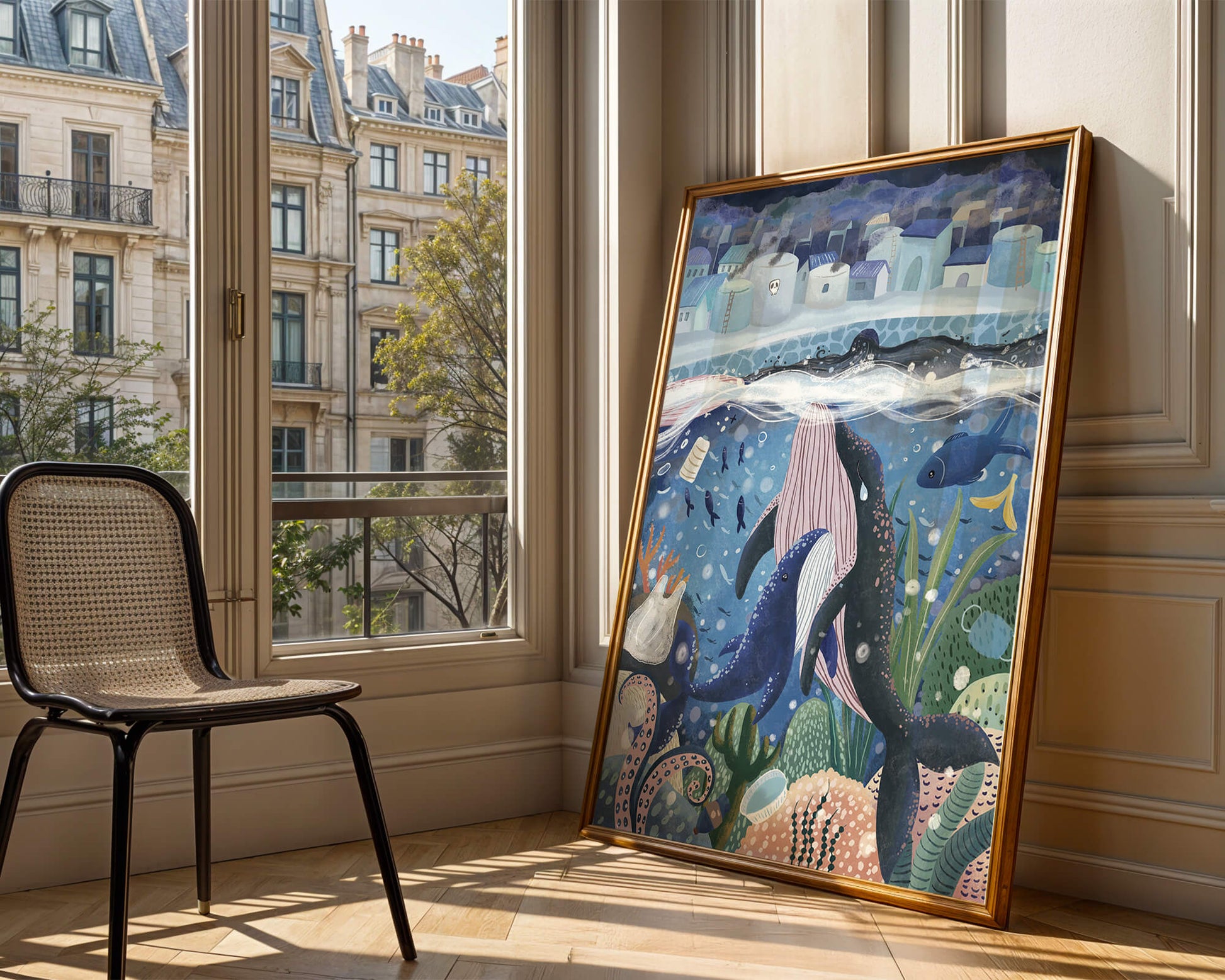 Whimsical Underwater City with Marine Life and Pollution