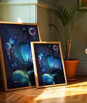 Illuminated Blue Butterflies with Glowing Bubbles in Enchanted Darkness