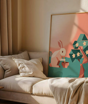 Conejo de origami abstracto con mortero y pistilo bajo un árbol en flor