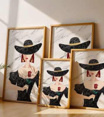 Elegant woman in wide-brimmed hat holding a rose on marble background