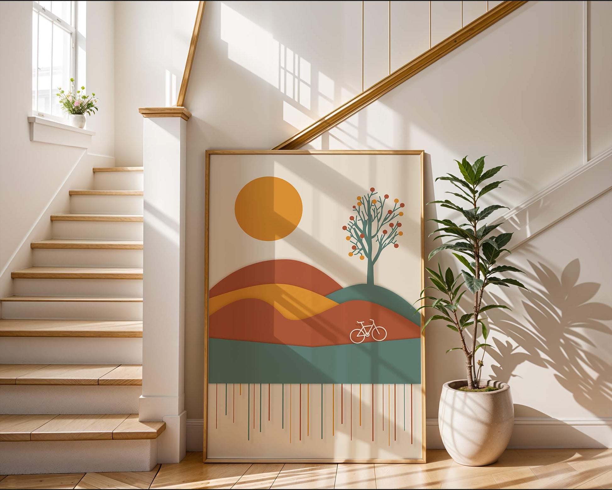 Abstract landscape with bicycle and tree in vibrant colors