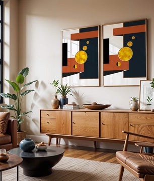 Abstract geometric artwork with golden circles and bold shapes - Mi tienda