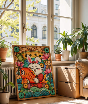 Festive rabbit holding golden fish with lotus flowers and waves in a traditional design
