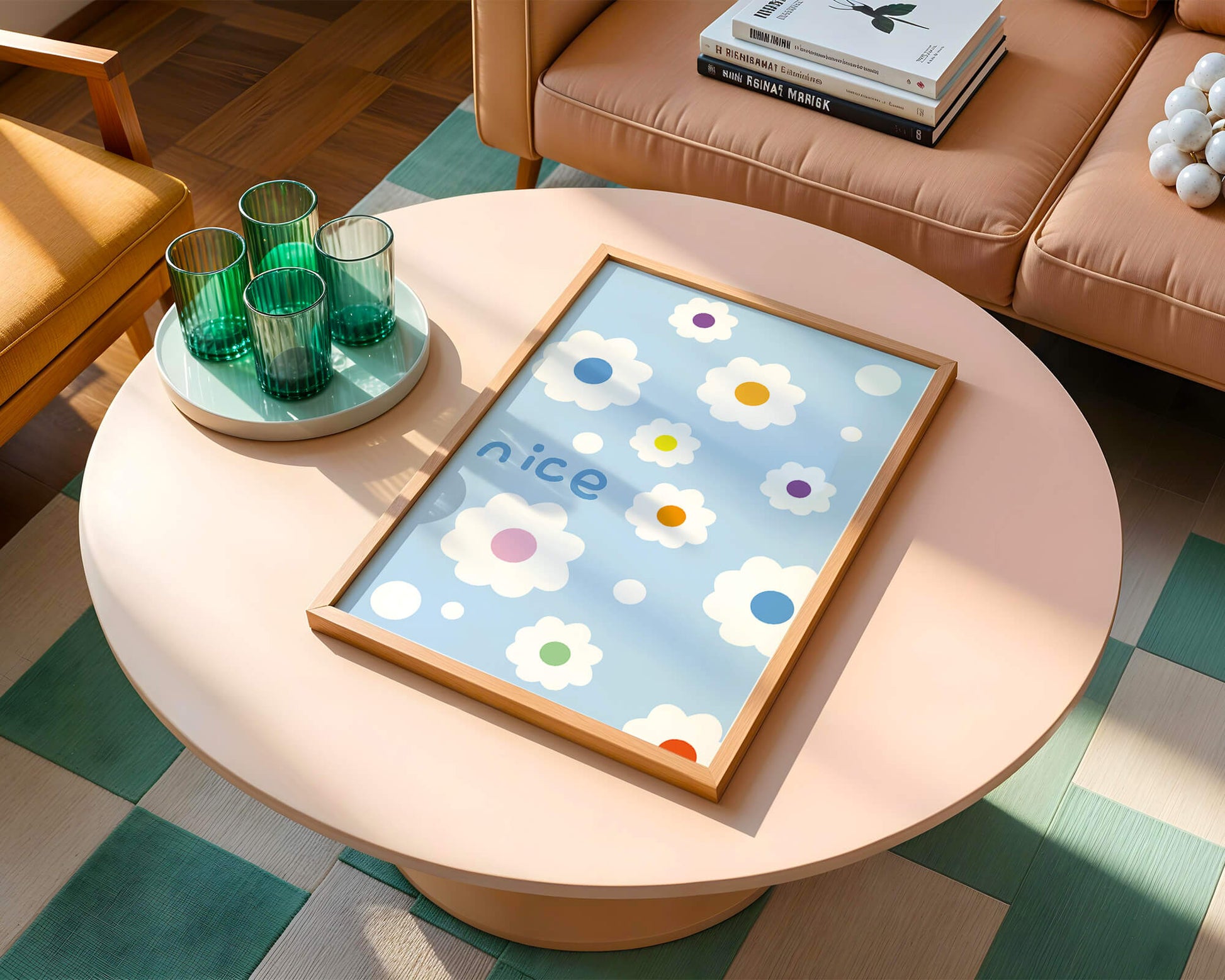 Pastel floral pattern with colorful centers on a blue background
